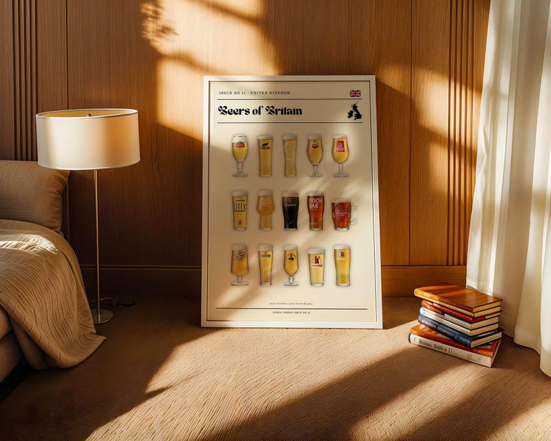 May include: A framed poster titled "Beers of Britain" displays illustrations of various beer glasses. The poster is in a white frame and is leaning against a wooden wall. A lamp and a stack of books are also visible.