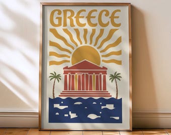 Grecja, wydruk z podróży w stylu vintage, wydruk z Grecji z połowy XX wieku, plakat z Grecji, plakat z podróży w stylu retro, plakat z Grecji w stylu retro, wydruk retro, sztuka grecka