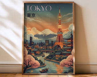 Impresión de Tokio, póster vintage de Japón, arte mural de Tokio, póster de Tokio, impresión de arte mural, horizonte de Japón, arte mural de viajes, impresión de Japón, Tokio, Japón