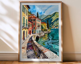 コモ湖の水彩画：イタリア地中海の風景画 - Etsy 日本