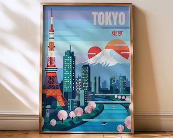Impresión de Tokio, póster de Japón, arte mural de Tokio, vintage, póster de Tokio, impresión de arte mural, horizonte de Japón, arte mural de viaje, impresión de Japón, Tokio, Japón