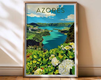 Azores Travel Print - Portugal Poster, Azores retro wall art, Europe decor, Azores Island Art, Portugal Gift, Atlantic Ocean Art, home decor