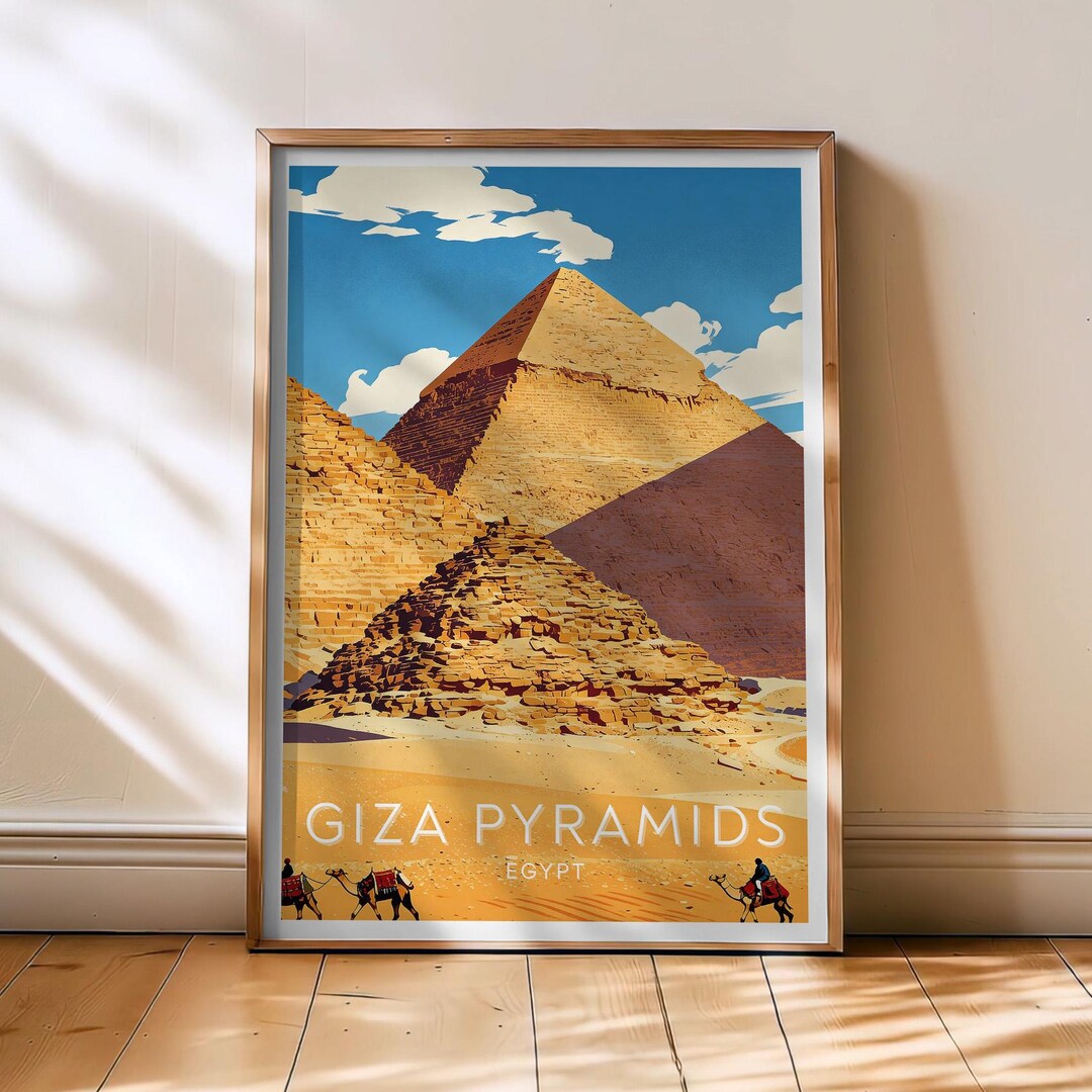 Pyramids of Giza Travel Print - Egypt Poster, Giza Retro Wall Art ...