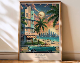 Miami Poster, Miami print, Miami beach, Miami art deco, miami wall art, florida print, cityscape art, beach poster