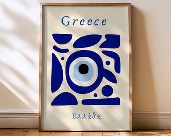 Evil eye print, evil eye poster, greece print, greece poster, minimalist, boho art, midecntury art, greece, blue and white