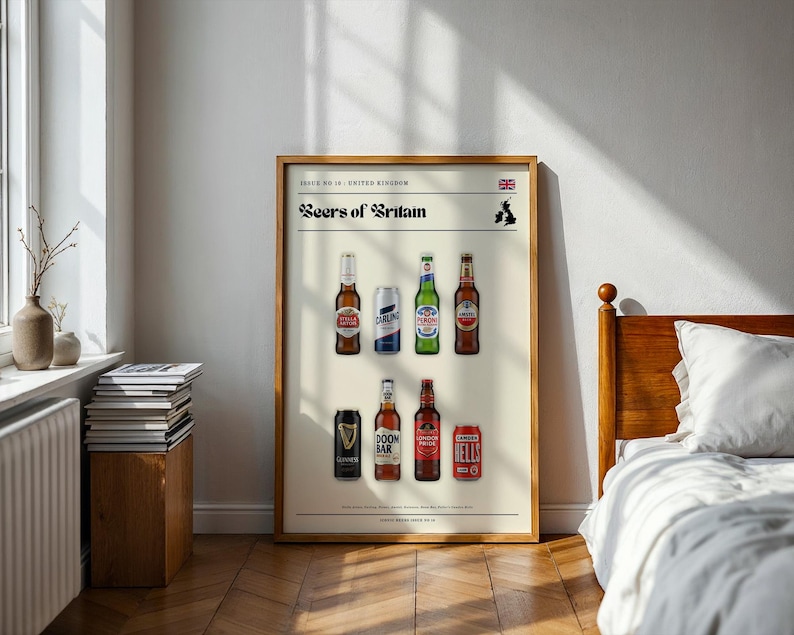 Beers of Britain Poster – British Beer Print – Carling Stella Wall Art – Retro England Travel Decor – Gift for Beer Lovers