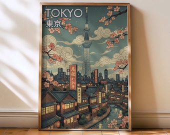 Impresión de Tokio, póster vintage de Japón, flor, arte mural de Tokio, póster de Tokio, impresión de arte mural, horizonte de Japón, arte mural de viajes, impresión de Japón, Tokio