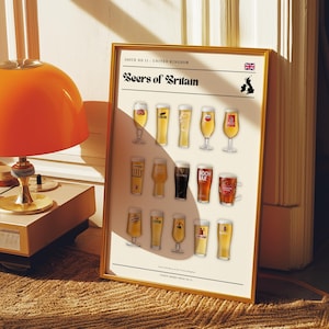 May include: A framed print titled "Beers of Britain" featuring illustrations of various beer glasses. The print includes the Union Jack flag and a map of the United Kingdom. The print is in a gold frame and is leaning against a wall.