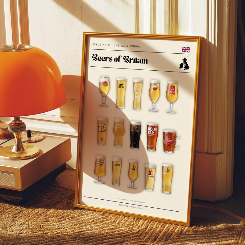 May include: A framed print titled "Beers of Britain" featuring illustrations of various beer glasses. The print includes the Union Jack flag and a map of the United Kingdom. The print is in a gold frame and is leaning against a wall.