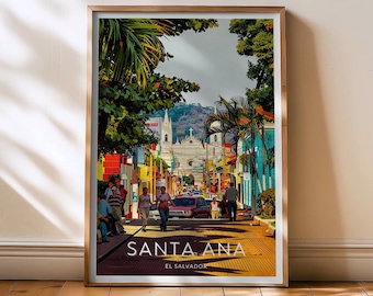 Plakat z podróży Santa Ana – Salwador, sztuka ścienna w stylu retro Santa Ana, wystrój Ameryki Środkowej, prezent artystyczny z katedrą Santa Ana, prezent do domu