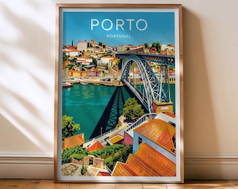 Porto Travel Print - Portugal Poster, Porto retro wall art, Europe decor, Porto Riverside Art, Portugal Gift, Douro Valley Art, home decor