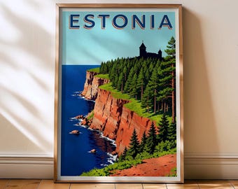 Estonia Art, Estonia Print, Estonia poster, estonia travel, vintage poster, europe travel, estonia gift, estonia retro wall art, coastal art