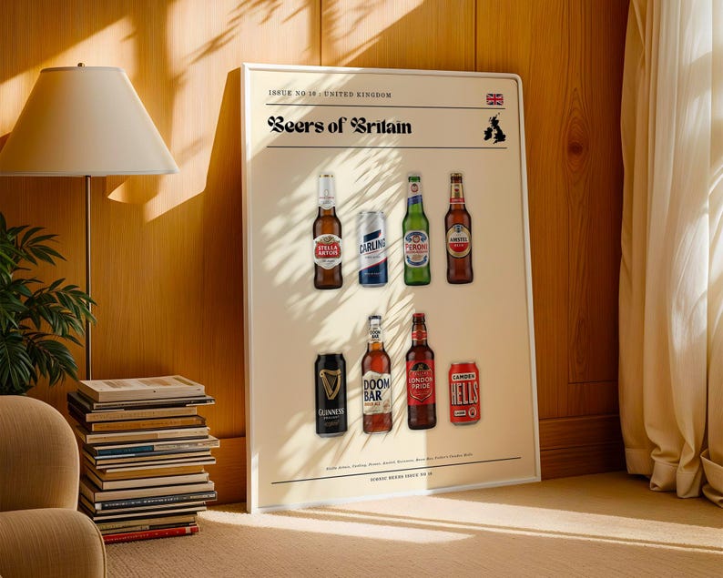 Beers of Britain Poster – British Beer Print – Carling Stella Wall Art – Retro England Travel Decor – Gift for Beer Lovers