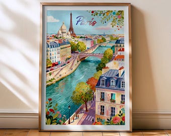 Póster de viaje de París: impresión en acuarela del paisaje urbano de París, obra de arte del paisaje urbano de París, arte de la Torre Eiffel, arte de café francés, pintura de París