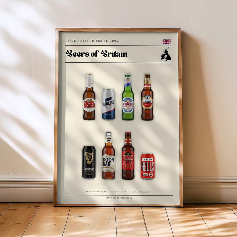 Beers of Britain Poster – British Beer Print – Carling Stella Wall Art – Retro England Travel Decor – Gift for Beer Lovers