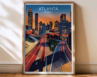 Impresión de viaje a Atlanta - Póster de Georgia, arte vintage de Atlanta, EE. UU., decoración de pared de Estados Unidos, decoración de paisajes urbanos, regalo para el hogar de Georgia