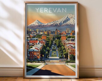 Yerevan Travel Print - Armenië poster, Yerevan retro muurkunst, Azië decor, Mount Ararat Art, Armenië cadeau, roze stad skyline muurkunst