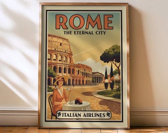 Roma - Póster vintage de aerolíneas de Roma, lámina de viaje a Roma, póster de viaje, arte bohemio, lámina del Coliseo de Roma, Italia, póster decorativo de Roma, viajes a Italia