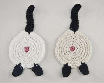 Cat Butt Coaster / Crochet Cotton / Siamese / Cat Lady Humor kitty with black tail socks paws