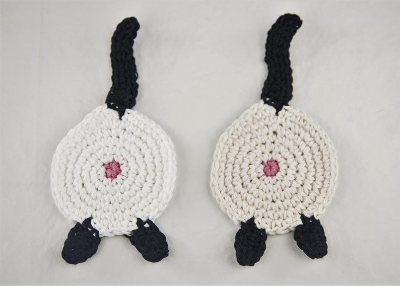 Cat Butt Coaster / Crochet Cotton / Siamese / Cat Lady Humor kitty with black tail socks paws image 1