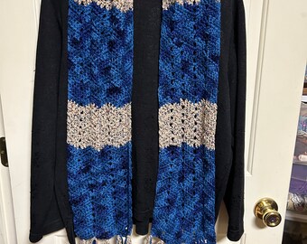 Long handmade crochet scarf acrylic blues tan beige multi