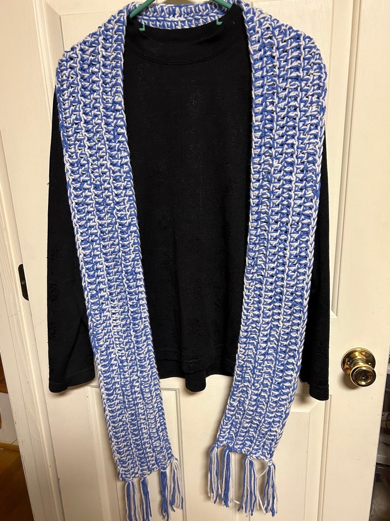 Long handmade crochet scarf acrylic blue white image 2