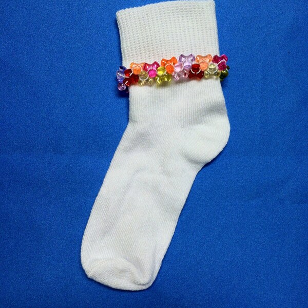 Jelly Bean - Princess Socks Girls Dressy Beaded Cuff Bobby Socks candy shades of yellow orange red pink purple