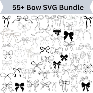 May include: A digital collection of over 55 bow illustrations in black and white, featuring various styles of ribbon bows with different knot designs, tail lengths, and patterns, displayed under the text 55+ Bow SVG Bundle.