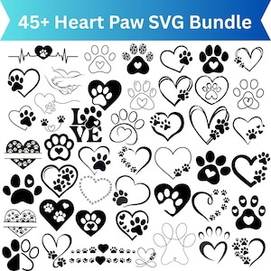 Puede incluir: Una colección digital de más de 45 diseños SVG Heart Paw que presenta varias ilustraciones gráficas en blanco y negro de huellas de animales integradas con formas de corazón, líneas y la palabra LOVE, en un paquete de diseño.