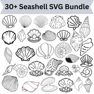 May include: A digital collection of over 30 black and white line art illustrations of various seashells, including spiral, fan-shaped, and clam shells, some containing pearls, with the text 30+ Seashell SVG Bundle displayed at the top.