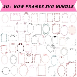 May include: A digital collection of over 50 bow frames in various shapes and styles, including rectangular, oval, and heart-shaped outlines. The graphic features thin line art in shades of pink, red, black, and blue, with the text 50+ BOW FRAMES SVG BUNDLE.