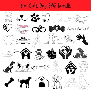 Puede incluir: Una colección de gráficos SVG en blanco y negro con temática de perros. Los diseños incluyen huellas de patas, siluetas de perros, corazones, casetas para perros e ilustraciones de perros con personas. El texto "30+ Cute Dog SVG Bundle" está en la parte superior.