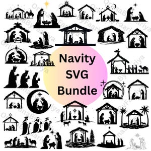 May include: A collection of black silhouette graphics featuring various nativity scenes with figures, stables, and animals, arranged around a central circular area containing the text Navity SVG Bundle in black sans-serif font.