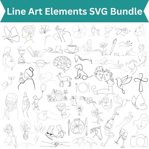 May include: A collection of black line art elements, including illustrations of a butterfly, a woman's profile, flowers, hands, a mother and child, a laptop, a cup of coffee, a guitar, a brain, a dog, a deer, a dove, and more. The text "Line Art Elements SVG Bundle" is at the top.