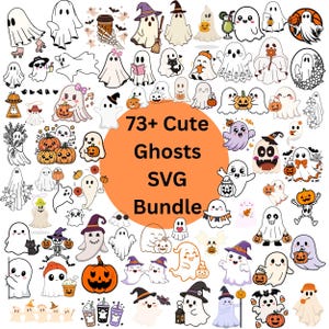 Könnte beinhalten: Eine digitale Sammlung von über 73 niedlichen Geisterillustrationen mit verschiedenen Charakteren in Weiß-, Orange- und Violetttönen. Die Geister sind mit Kürbissen, Hüten, Blumen und Getränken dargestellt, zentriert um einen orangefarbenen Kreis mit dem Text 73+ Cute Ghosts SVG Bundle.