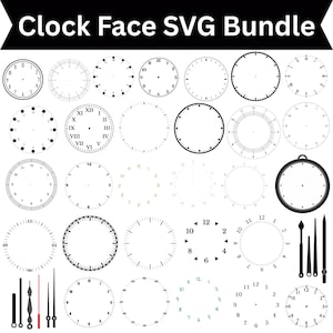 Puede incluir: Una colección de diseños de esferas de reloj en blanco y negro, que incluyen números romanos, números arábigos y esferas en blanco. El texto "Clock Face SVG Bundle" está en la parte superior.