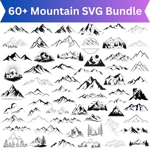 May include: A digital collection of over 60 black and white mountain illustrations, featuring various peaks, pine trees, sunbursts, and outdoor scenes. The top banner displays the text 60+ Mountain SVG Bundle in white on a blue gradient background.