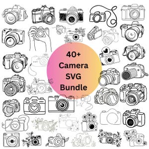 May include: A collection of over 40 black and white line art illustrations of various cameras, some decorated with floral elements or heart symbols. The central circular graphic features a pink to orange gradient with the text 40+ Camera SVG Bundle.