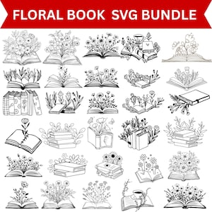 Puede incluir: Ilustraciones en blanco y negro de libros con arreglos florales. La imagen incluye libros abiertos, montones de libros y libros con flores y hojas. El texto "FLORAL BOOK SVG BUNDLE" está en la parte superior.