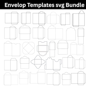Puede incluir: Un conjunto de plantillas de sobres de diversas formas y tamaños, delineadas en negro sobre un fondo blanco. El texto "Envelope Templates svg Bundle" se muestra en la parte superior.