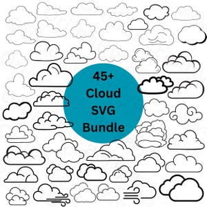 May include: A digital collection of over 45 black and white cloud illustrations featuring various shapes and styles. A central teal circle displays the text 45+ Cloud SVG Bundle in black. The clouds are arranged in a grid-like pattern.