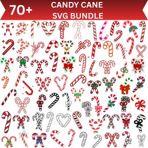 Puede incluir: Un conjunto de más de 70 diseños SVG de bastones de caramelo en varios estilos. Los bastones de caramelo son principalmente rojos y blancos, con algunos que presentan verde, negro y otros colores. El texto "CANDY CANE SVG BUNDLE" está en la parte superior.
