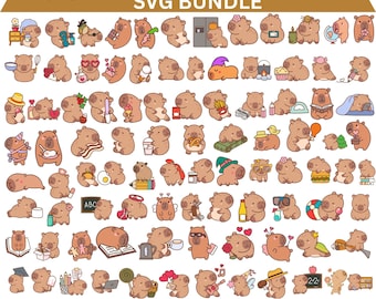 Paquete de imágenes prediseñadas SVG de carpincho kawaii, ilustraciones de animales (descarga digital)