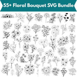 Könnte beinhalten: Eine Sammlung von über 55 floralen Bouquet-SVG-Designs in Schwarz und Weiß. Das Bild zeigt verschiedene Blumenillustrationen, darunter Rosen, Tulpen und Gänseblümchen. Der Text "55+ Floral Bouquet SVG Bundle" befindet sich oben.