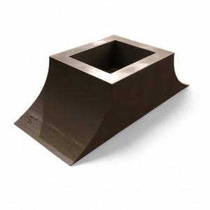 May include: A dark brown, rectangular pedestal with a square opening at the top. The sides curve outward, creating a unique architectural shape. The object is set against a white background.