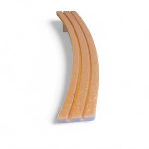 May include: A curved, light orange cabinet pull with three parallel grooves. The hardware has a rectangular top and a light gray base, set against a white background. This modern design is suitable for drawers and cabinets.