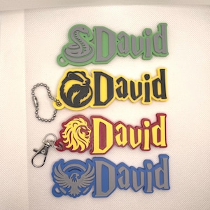 May include: Four colorful keychains with the name "David" in a bold font. Each keychain features a different house crest: a snake, a badger, a lion, and an eagle. The keychains are in green, yellow, red, and blue.