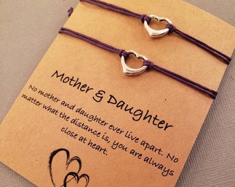 Mother Daughter Bracelet Set: Set of 2 heart charm bracelets, adjustable, cotton cord, friendship bracelets