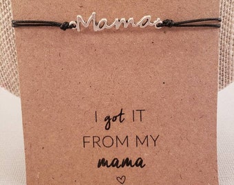 Mama Charm Bracelet: Adjustable cursive mama silver tone charm bracelet, multiple colours, bestfriend,friendship, mother's day.