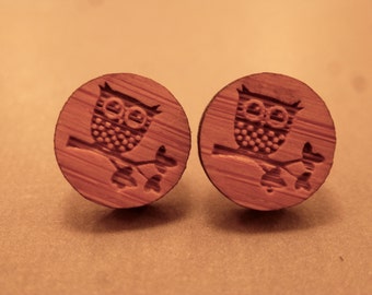 Owl Studs: Wooden Owl Stud Earrings, Bird on a Branch, Owl Jewelry, Wooden Plugs, Fake Plugs, Wooden Earrings, Owl Stud Earrings